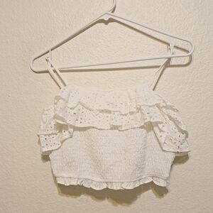 A. Peach Eyelet Crop Top With Ruffle smocked & Adjustable Straps